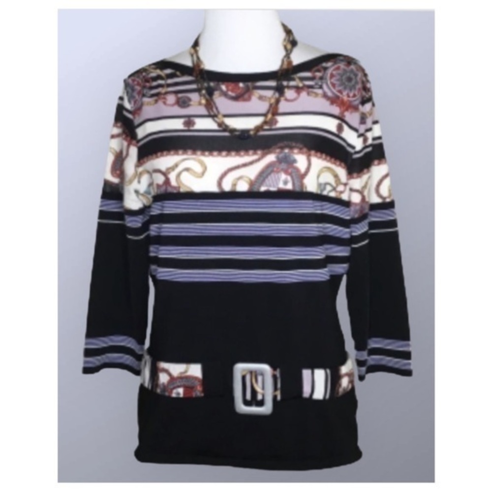 Feratelli Blue Stripe Retro Vintage 3/4 Sleeves Stretch Knit Round Neck Top M